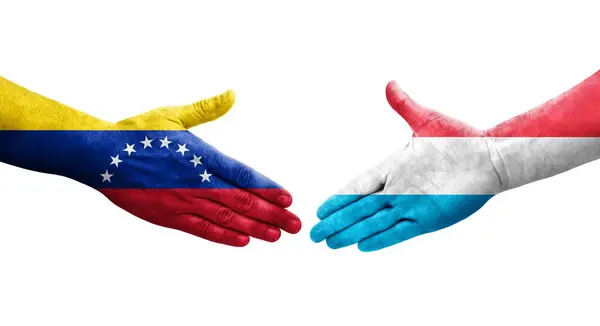 Aperto Mão Entre Luxemburgo Venezuela Bandeiras Pintadas Mãos Imagem Transparente — Fotografia de Stock