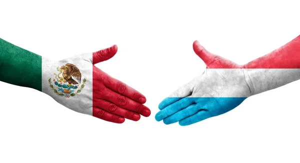 Χειραψία Μεταξύ Λουξεμβούργου Και Μεξικού Σημαίες Ζωγραφισμένα Στα Χέρια Απομονωμένη — Φωτογραφία Αρχείου