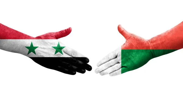 Handshake Madagascar Syria Flags Painted Hands Isolated Transparent Image — Stock Photo, Image