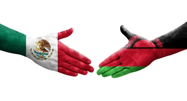 Uścisk Dłoni Między Malawi Meksyku Flagi Malowane Rękach Odizolowany Przezroczysty — Zdjęcie stockowe