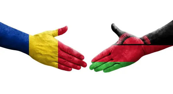 Aperto Mão Entre Malawi Roménia Bandeiras Pintadas Mãos Imagem Transparente — Fotografia de Stock