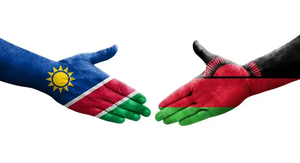 Aperto Mão Entre Bandeiras Malawi Namíbia Pintadas Mãos Imagem Transparente — Fotografia de Stock