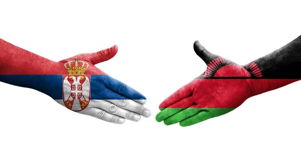 Aperto Mão Entre Malawi Sérvia Bandeiras Pintadas Mãos Imagem Transparente — Fotografia de Stock