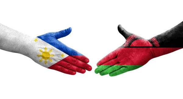 Uścisk Dłoni Między Malawi Filipin Flagi Malowane Rękach Odizolowany Przezroczysty — Zdjęcie stockowe