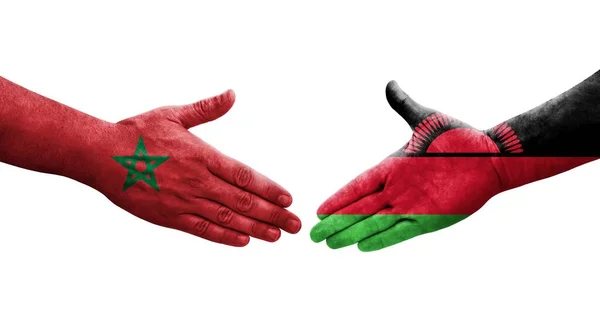Χειραψία Μεταξύ Μαλάουι Και Μαρόκου Σημαίες Ζωγραφισμένα Στα Χέρια Απομονωμένη — Φωτογραφία Αρχείου