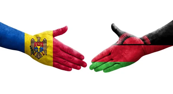 Stretta Mano Tra Malawi Moldavia Bandiere Dipinte Mani Immagine Isolata — Foto Stock