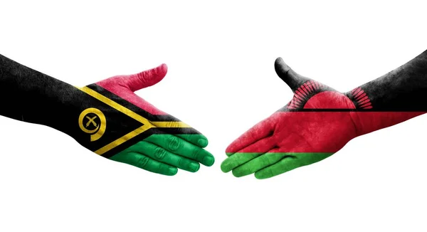 Aperto Mão Entre Bandeiras Malawi Vanuatu Pintadas Mãos Imagem Transparente — Fotografia de Stock