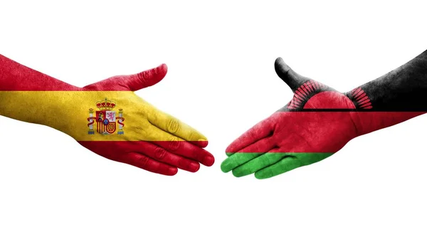 手に描かれたマラウィとスペインの旗の間の握手 孤立した透明なイメージ — ストック写真