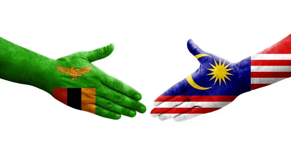 Aperto Mão Entre Malásia Zâmbia Bandeiras Pintadas Mãos Imagem Transparente — Fotografia de Stock
