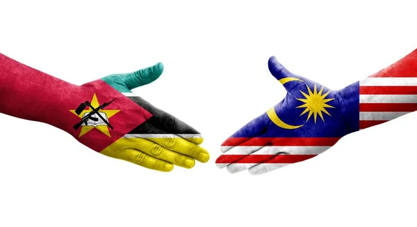 Handshake Malaysia Mozambique Flags Painted Hands Isolated Transparent Image — Stock Photo, Image