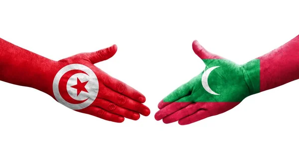 Handshake Maldives Tunisia Flags Painted Hands Isolated Transparent Image — Stock Photo, Image