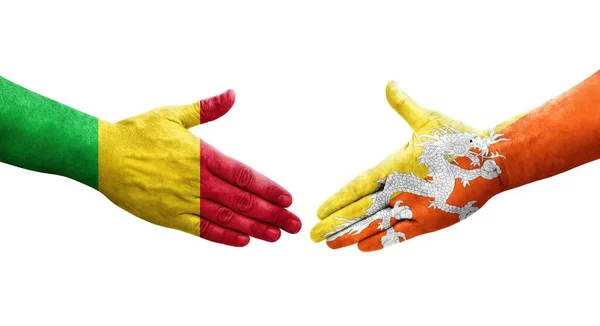 Handslag Mellan Mali Och Bhutan Flaggor Målade Händer Isolerad Transparent — Stockfoto