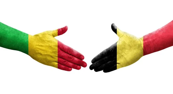 Aperto Mão Entre Mali Bélgica Bandeiras Pintadas Mãos Imagem Transparente — Fotografia de Stock