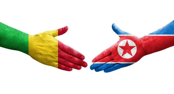Aperto Mão Entre Mali Coreia Norte Bandeiras Pintadas Mãos Imagem — Fotografia de Stock