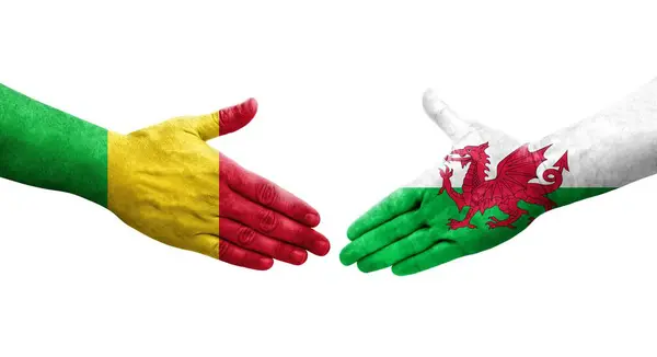 Aperto Mão Entre Bandeiras Mali País Gales Pintadas Mãos Imagem — Fotografia de Stock