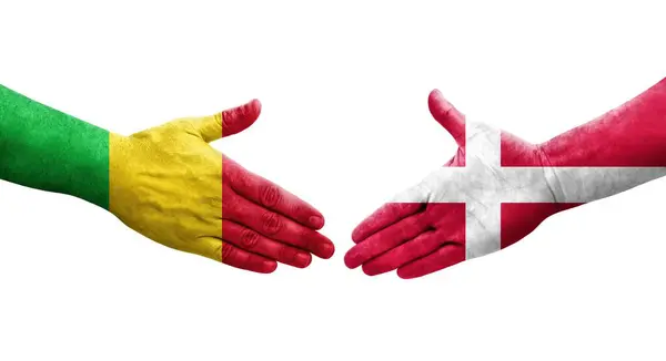 马里和丹麦之间的握手 手绘国旗 孤立透明的形象 — 图库照片