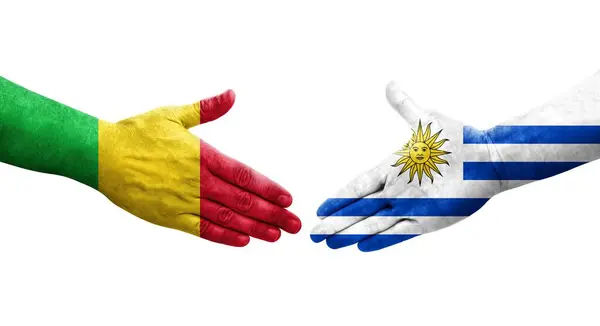 Potřesení Rukou Mezi Vlajkami Mali Uruguaye Namalovanými Rukou Izolovaný Průhledný — Stock fotografie