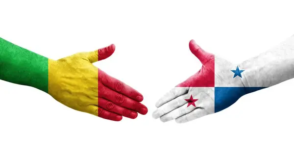Händedruck Zwischen Mali Und Panama Flaggen Aufgemalt Isoliertes Transparentes Bild — Stockfoto
