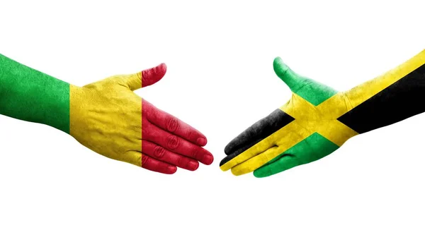 Håndtrykk Mellom Mali Jamaicansk Flagg Malt Hender Isolert Transparent Bilde – stockfoto