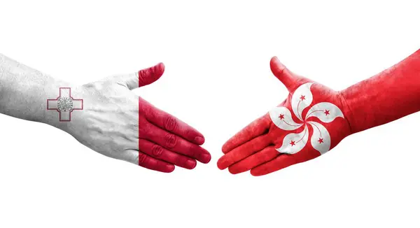 Handshake Malta Hong Kong Flags Painted Hands Isolated Transparent Image — Stock Photo, Image