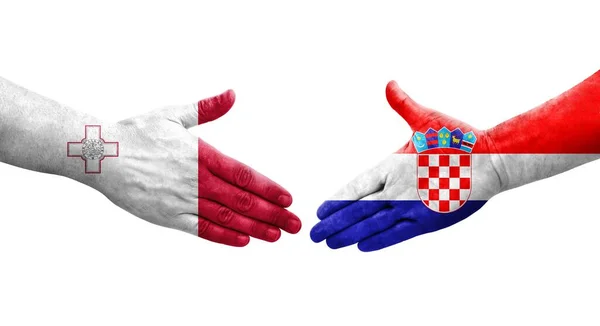 Рукостискання Між Прапорами Мальти Хорватії Намальоване Руках Ізольоване Прозоре Зображення — стокове фото