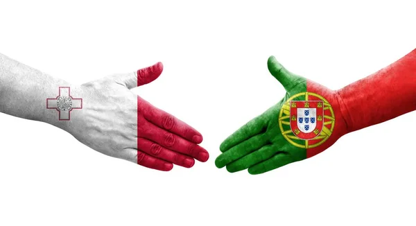 Apretón Manos Entre Malta Portugal Banderas Pintadas Las Manos Imagen — Foto de Stock