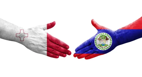 Handdruk Tussen Malta Belize Vlaggen Geschilderd Handen Geïsoleerd Transparant Beeld — Stockfoto