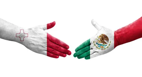 Kézfogás Málta Mexikó Között Kézre Festett Zászlók Elszigetelt Átlátszó Kép — Stock Fotó
