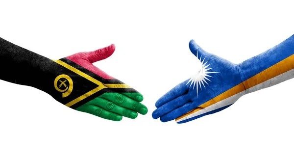 Aperto Mão Entre Ilhas Marshall Bandeiras Vanuatu Pintadas Mãos Imagem — Fotografia de Stock