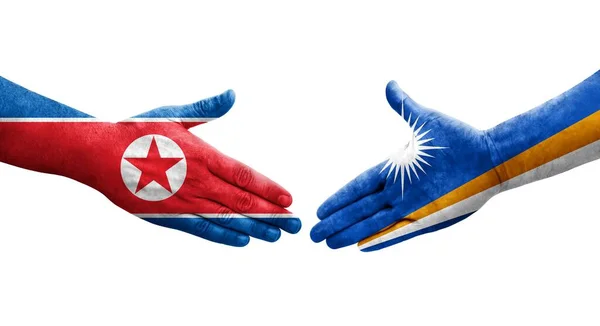 Apretón Manos Entre Las Islas Marshall Corea Del Norte Banderas —  Fotos de Stock