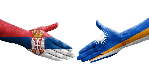 Aperto Mão Entre Ilhas Marshall Sérvia Bandeiras Pintadas Mãos Imagem — Fotografia de Stock