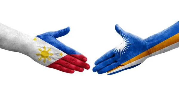 Potřesení Rukou Mezi Marshallovými Filipínskými Vlajkami Namalovanými Rukou Izolovaný Průhledný — Stock fotografie