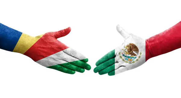 Рукостискання Між Мексиканським Сейшельським Прапорами Намальоване Руках Ізольоване Прозоре Зображення — стокове фото