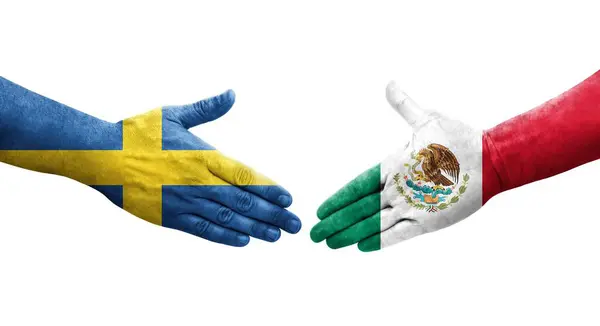Händedruck Zwischen Mexiko Und Schweden Fahnen Auf Händen Gemalt Isoliertes — Stockfoto