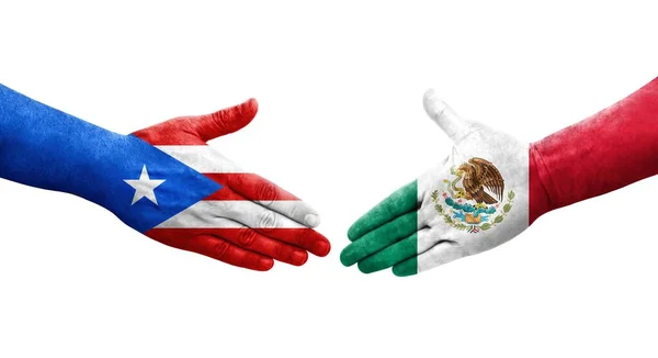 Stretta Mano Tra Messico Porto Rico Bandiere Dipinte Mani Isolata — Foto Stock