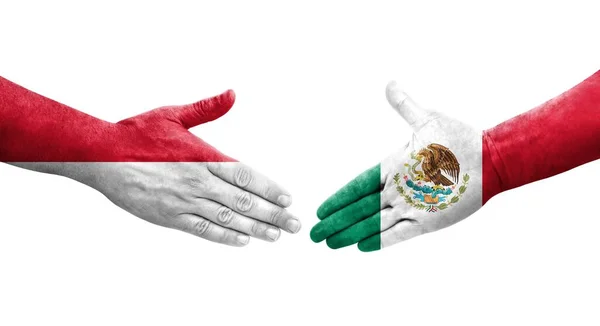Apretón Manos Entre México Mónaco Banderas Pintadas Las Manos Imagen — Foto de Stock