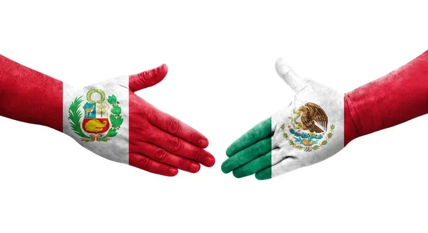 Stretta Mano Tra Messico Perù Bandiere Dipinte Mani Isolata Immagine — Foto Stock
