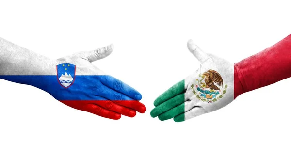 Χειραψία Μεταξύ Μεξικού Και Σλοβενίας Σημαίες Ζωγραφισμένα Στα Χέρια Απομονωμένη — Φωτογραφία Αρχείου