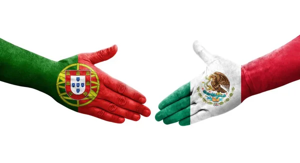 Aperto Mão Entre México Portugal Bandeiras Pintadas Mãos Imagem Transparente — Fotografia de Stock