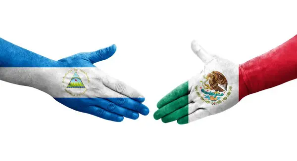 Potřesení Rukou Mezi Mexickými Nikaragujskými Vlajkami Namalovanými Rukou Izolovaný Průhledný — Stock fotografie