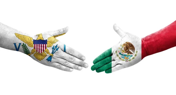 Handslag Mellan Mexiko Och Jungfruöarna Flaggor Målade Händer Isolerad Transparent — Stockfoto
