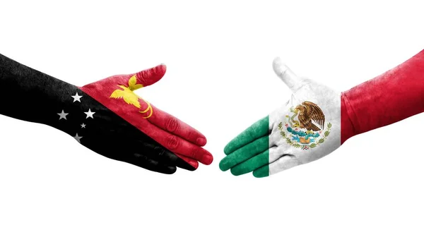 Uścisk Dłoni Między Meksykiem Papuą Nową Gwineą Flagi Malowane Rękach — Zdjęcie stockowe