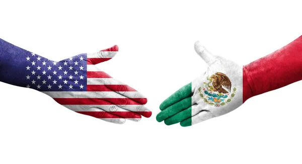 Kézfogás Mexikó Usa Zászlók Festett Kézen Elszigetelt Átlátszó Kép — Stock Fotó