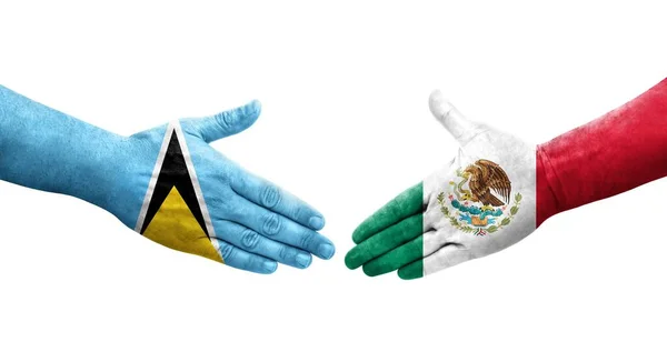Potřesení Rukou Mezi Mexikem Vlajkami Svaté Lucie Namalovanými Rukou Izolovaný — Stock fotografie