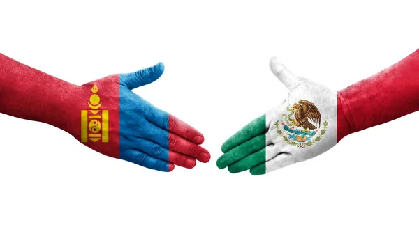 Händedruck Zwischen Mexiko Und Der Mongolei Aufgemalte Hände Isoliertes Transparentes — Stockfoto
