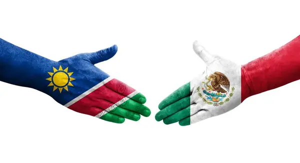 Χειραψία Μεταξύ Μεξικού Και Ναμίμπια Σημαίες Ζωγραφισμένα Στα Χέρια Απομονωμένη — Φωτογραφία Αρχείου