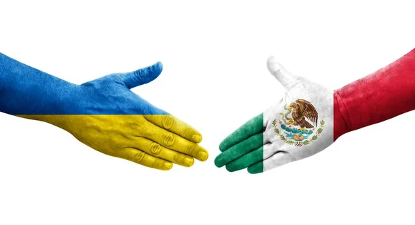 Handslag Mellan Mexiko Och Ukraina Flaggor Målade Händer Isolerad Transparent — Stockfoto