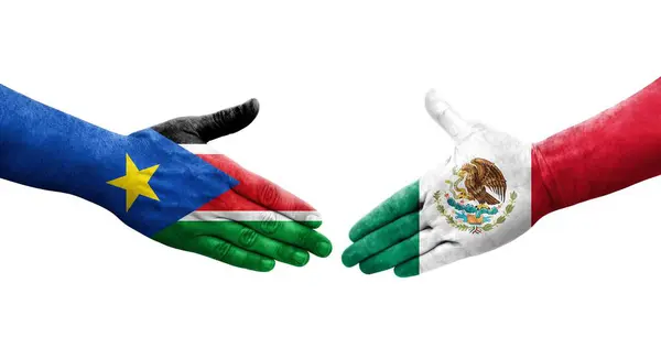 Χειραψία Μεταξύ Μεξικού Και Νοτίου Σουδάν Σημαίες Ζωγραφισμένα Στα Χέρια — Φωτογραφία Αρχείου