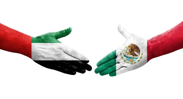 Рукостискання Між Мексиканськими Оае Прапорами Намальоване Руках Ізольоване Прозоре Зображення — стокове фото