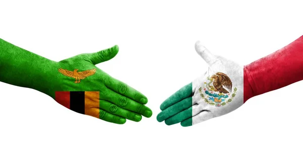 Χειραψία Μεταξύ Μεξικού Και Ζάμπια Σημαίες Ζωγραφισμένα Στα Χέρια Απομονωμένη — Φωτογραφία Αρχείου